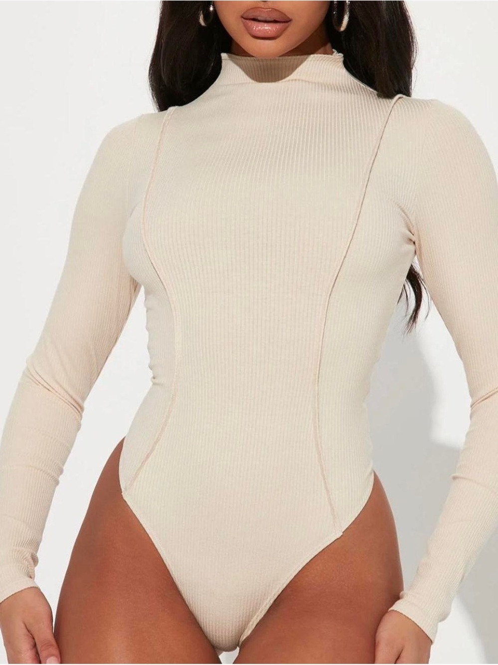 Fashion Nova Ribbed Mock Neck Long-Sleeve Bodysuit - Cream